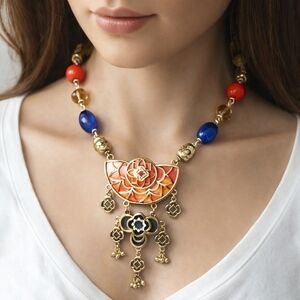 Erica Lyons 26" Gold-tone Multi-Color Beaded Necklace with Filigree Drop Pendant